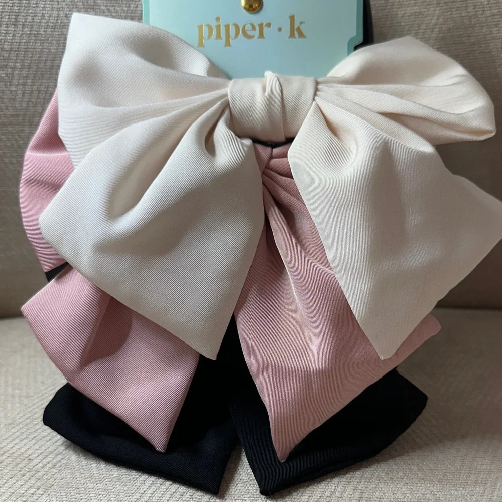 Piper K Hair Bows Set in Pink Black and Cream - Picture 2 of 4